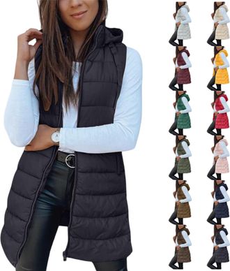 Generic Gilet for Women UK Long Sleeveless Puffer Coats Zip up Down Body Warmers Hooded Quilted Gilets Winter Longline Plus Size Jackets Casual Padded Vest wi