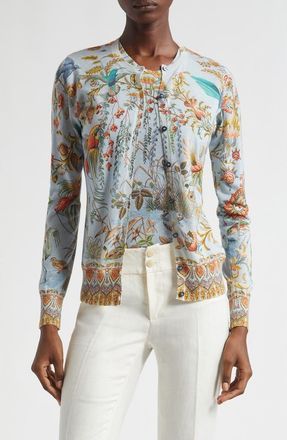 Etro Flora & Fauna Silk & Cashmere Cardigan in Multicolour On Pale Blue Base at Nordstrom, Size 10 Us