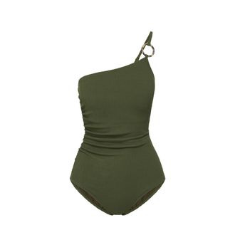Change of Scenery Kara One Shoulder Ring Trim One-Piece Swimsuit in Olive Texture at Nordstrom, Size X-Small