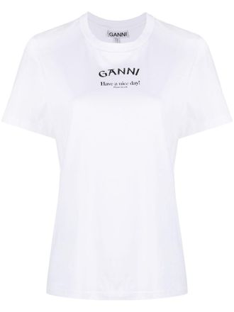 Tシャツ・カットソー GANNI WHITE COTTON T-SHIRT Bright White White Cropped Kitty T-shirt | GANNI US
