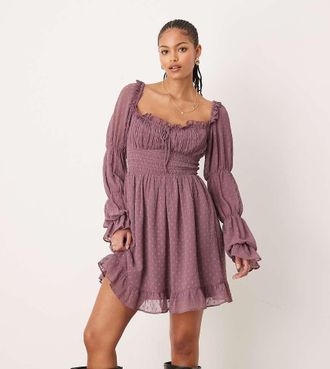 Asos Tall ASOS DESIGN Tall textured milkmaid long sleeve shirred waist mini dress in mauve-Multi