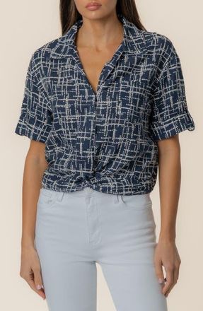 Kut from the Kloth Rebel Printed Knot Front Linen Blend Top in Leeds Navy/ivory at Nordstrom, Size X-Large