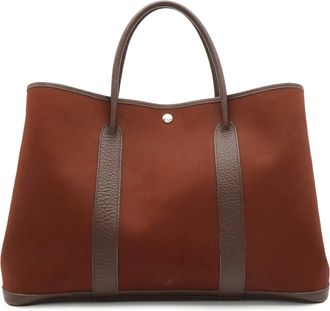 Herm&egrave;s Garden Brown Toile Officier Leather Handbag Tote Bag (Pre-Owned)