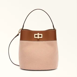 Furla Amelia Bucket Bag S Toni Cognac Brown Canvas Fabric + Sidney Calf Leather Woman