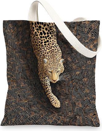 Generic Wild Canvas Tote Bag, Animal Inspired Reusable Shopping Bag, Leopard Print Shoulder Bag 13x15 Inch
