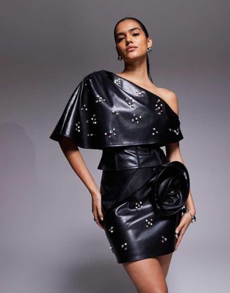 Asos Minigonna in pelle sintetica nera con decorazioni floreali-Nero