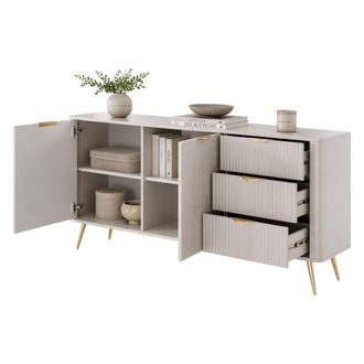 Dmora Credenza halilala, 3 Cajones, 2 Estantes, Puertas Batientes Y Deslizantes, 163x38x81h Cm Beige