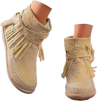 Generic Womens Fringe Cowboy Boots Short Wide Width Ankle Boots Vintage Stylish Buckle Suede Short Booties Fashion Western Pull On Retro Low Heel Dress Shoes 