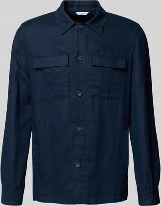 Manuel Ritz Regular Fit Leinenhemdjacke mit Brustpattentaschen in Marine, Gr&ouml;&szlig;e 48