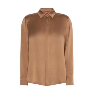 Max Mara Satijnen zijden blouse met juwelenknopen - Dames - Blouses & Shirts - Bruin - Maat: L Zijde