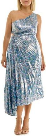 Nicole Miller Pleated One-Shoulder Metallic Dress in Abstract Butterfly Blue at Nordstrom Rack, Size 10