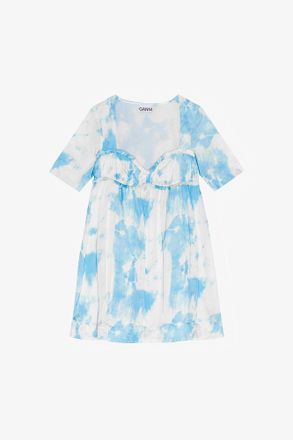 Ganni Blue Printed Satin Short Sleeve Mini Dress - Size 10/12 Elastane