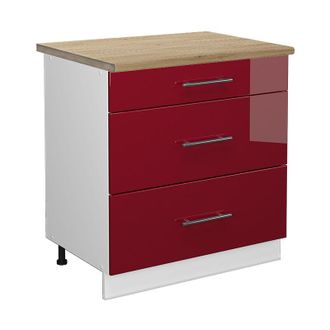 Vicco Mueble Bajo De Cocina Fame-line, Rojo Burdeos Alto Brillo, 80 Cm Con 3 Cajones, Et Roble