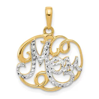 Diamond2Deal 14k Yellow Gold White Rhodium Diamond-Cut Mom in Fancy Pendant