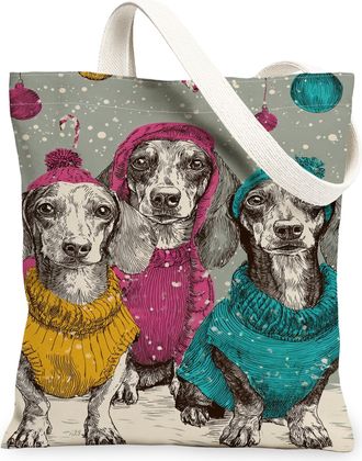 Generic Winter Dogs Canvas Tote Bags, Colorful Animal Pattern Reusable Grocery Bags, Lightweight Washable Shoulder Strap Canvas for, Multicolor, 13x15 Inch