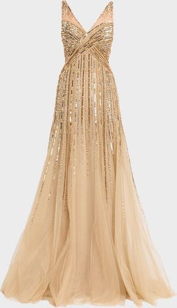 Pamella Roland Sleeveless Beaded Tulle Backless Gown