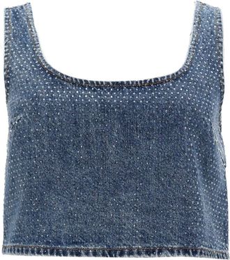 Self Portrait Denim Crop Top With Rhinestones