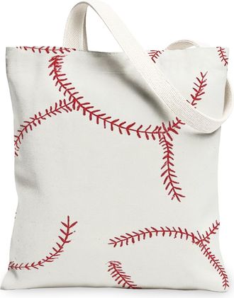 Generic Baseball Stitch Canvas Tote Bags, Sports Pattern Reusable Grocery Bags, Summer Lightweight Washable Shoulder Strap Canvas F, White, 13x15 Inch