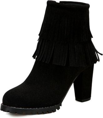 Generic Womens Elegant Double Fringe Almond Toe Soild Color Ankle Boots Block Heels Zip Up Western Winter Shoes (Black,5.5)