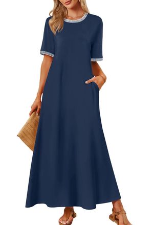 Merokeety Summer Maxi Dresses for Women 2026 Vacation Spring Casual Short Sleeve Basic Long T Shirt Dress Pockets, Navycombo, XXL