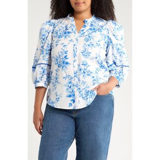 Sugarlips Juba Vale Floral Button-Up Top in White/blues at Nordstrom, Size 1X