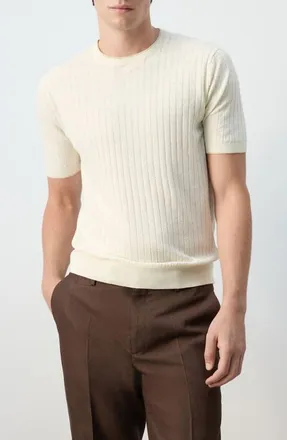 Mango Linen Blend Rib T-Shirt in Off White at Nordstrom, Size Medium