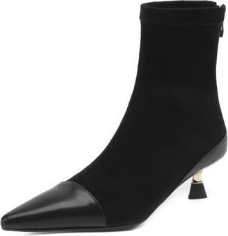 TinaCus Womens Handmade Suede Leather Pointed Toe Cap-Toe Back Zipper Low Kitten Heel Ankle Boots, Black, 4.5 UK