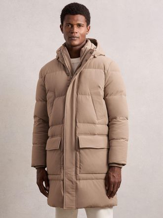 Reiss Light Camel Brown Longline Quilted Puffer Jacket, S
