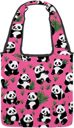 Generic Cute Panda on Pink Reversible Canvas Shoulder Tote - Double-Sided Print, 12oz Cotton, 27cm Drop, Fold-Flat Bag for Travel, Shopping, Street Outings