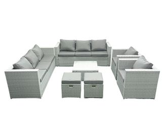 Fimous Outdoor Rattan Sofa Garden Furniture Set with 2 Armchairs Square Coffee Table 2 Small Footstools Light Grey Mixed