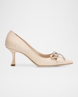 Jimmy Choo London 70mm Auria Glitter Leather Embellished Bow Pumps