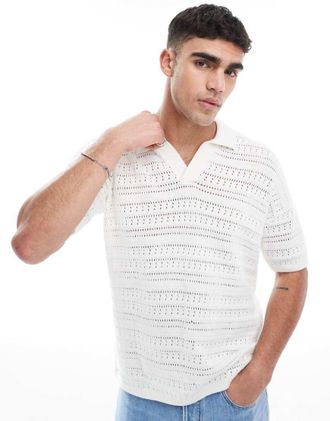 Only & Sons dropped shoulders open knit split neck polo shirt in white