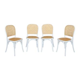 Sweeek Sillas de madera y rat&aacute;n vintage, set de 4, blanco