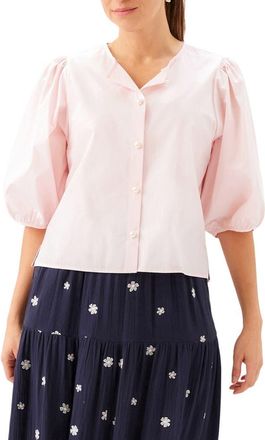 Karen Kane Puff Sleeve Faux Pearl Button Cotton Shirt in Rose at Nordstrom, Size X-Large
