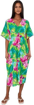 N by Natori Tropic Crinkle Windowpane Caftan Womens Jumpsuit & Rompers One Piece Green : L (Womens 14-16), Polyester/Spandex