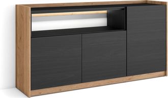 Skraut Home Skraut Home - Aparador Para Sal&oacute;n, Gran Capacidad De Almacenaje, 156x37x80cm, 3 Puertas, Led, Estilo Moderno, Negro Y Roble