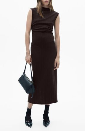 Mango Gathered Detail Herringbone Stitch Knit Dress in Chocolate at Nordstrom, Size 6