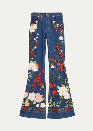 Alice & Olivia Beautiful Embroidered High-Rise Bell Bottom Jeans
