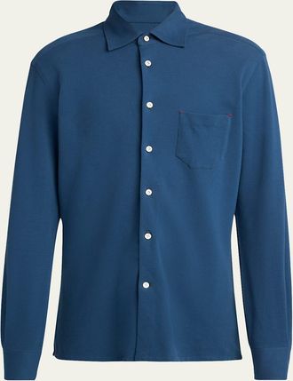Kiton Mens Pique Button-Down Shirt with Bar Tack Pocket