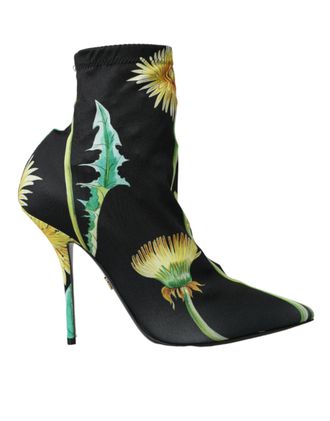 Dolce & Gabbana Zwarte Bloemen Jersey Stretch Enkellaarsjes Schoenen