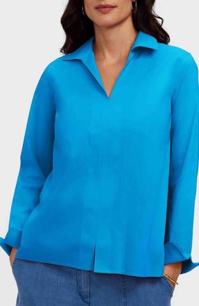 Foxcroft Agnes Cotton Blend Popover Top in Malibu Blue at Nordstrom, Size X-Large P