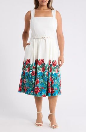 Tahari by ASL Belted Border Print Midi Dress in Ivory Multi at Nordstrom, Size 18W