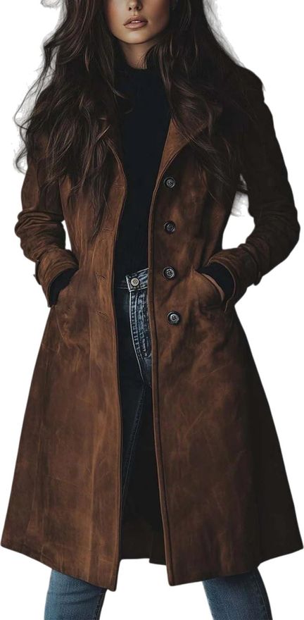 Suede Jacket for Women Fall Retro Double Breasted Classic Lapel Slim Ladies Faux Suede Coat Elegant Suede Long Trench Coat (BROWN,XXL)