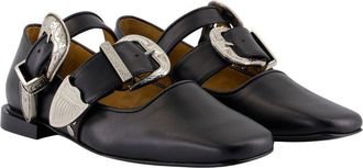 Toga Archives Womens Embellished Buckle Leather Ballerina Black Calfskin