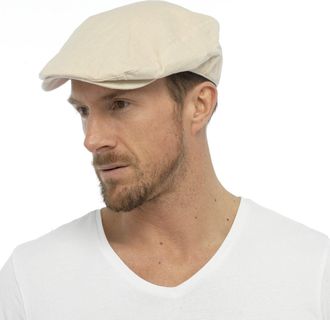 Tom Franks Mens Cotton Linen Fabric Flat Cap Hat Lined Summer Sun Peak Washable Stone L/XL