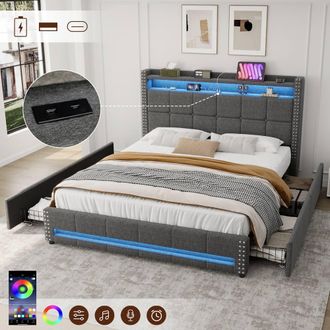Matteo 4ft6 Double Grey Upholstered Bed with LED, Storage & Charging