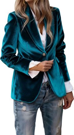 Generic Women Velvet Jacket Classic Vintage One Button Lapel Open Front Fitted Blazer Jacket Casual Business Work Outerwear(Teal, XL)