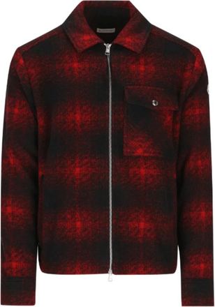 Moncler Check Logo-Patch Shirt Jacket - Heren - Zomerjassen - Rood - XL - Wol - Jassen