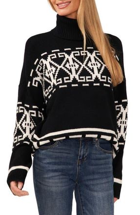 CeCe by Cynthia Steffe Fair Isle Turtleneck Sweater in Rich Black at Nordstrom, Size Xx-Small