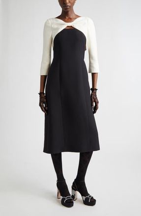 Valentino Bow Colorblock Crepe Couture Midi Dress in Black/Ivory at Nordstrom, Size 10 Us